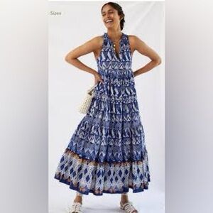 Anthropologie Blue Printed Halter Tiered Maxi Dress